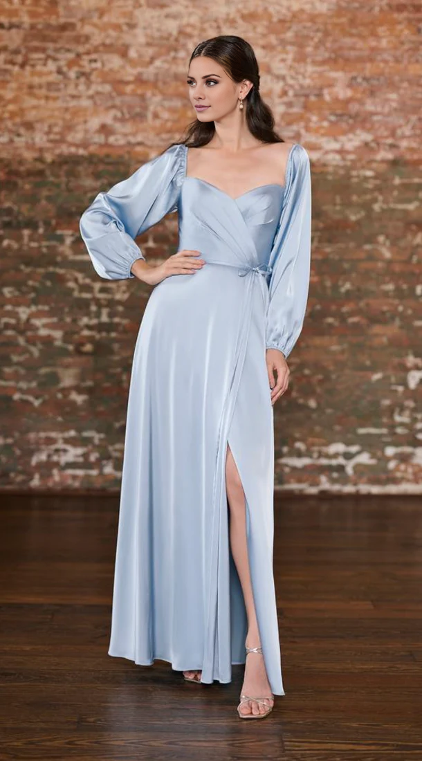 Jimiss square neckline off shoulder long sleeved backless side slit and floor length Prom dress